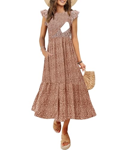 Image of CzzzyL Women's Nursing Dress Flutter Short Sleeve Crew Neck Smocked Elastic Waist Tiered Midi with Pockets