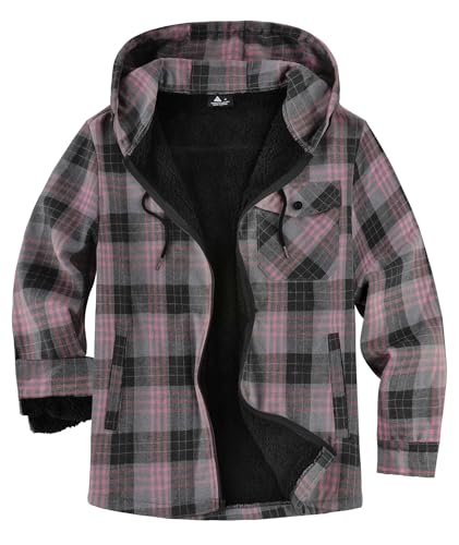 Image of V VALANCH Men's Sherpa Lined Flannel Jacket with Hood - Zip Up Plaid Shirt Jacket Winter Outdoor Warm Outerwear Fleece Coat