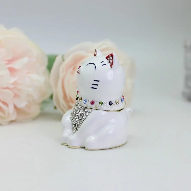 Hand Painting Lucky Cat Statue Decorative Jewelry Box Ornament Metal Trinket Box for Home Decoration New Year's Gift (White) image 4