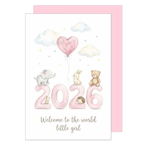 Edition Seidel Tarjeta Premium de Felicitación para Nacimiento con Sobre. Tarjeta de Felicitación, Tarjeta de Nacimiento, Tarjeta para Bebé, Frase Frases Inglés Llegada Hola Bienvenida Niña Rosa Bebé