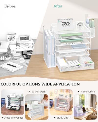 Image of WALI Desk File Organizer, 6 Tier Desktop Paper Letter Tray Organizer with Drawer and 2 Pen Holders, Office Desk Accessories & Workspace Organizers for Office, Home Supplies(DO007DH-W), 1 Pack, White