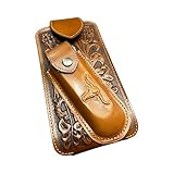 Western Stakes Western Leather Phone Belt Holster and Knife Holder Floral Leather Embossed Longhorn High End Handmade Cell Phone Case Tooled Case Universal (Light Brown)