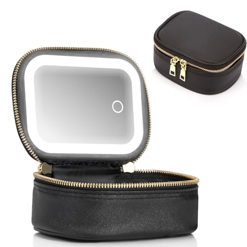 STORICANS Petite trousse de maquillage avec miroir LED PU, Noir , Moderne