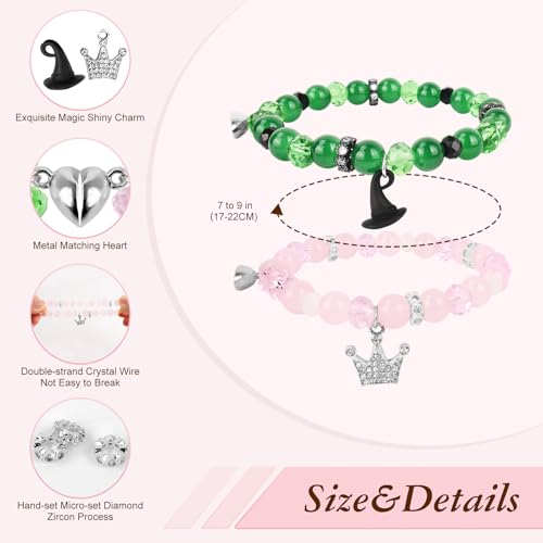 AULEEP Matching Bracelets Wicked Merch for Friends Crystal Beads Bracelet Friendship, Elphaba Doll Wicked Gifts Healing Natural Stones 8mm, Birthday Gifts for Women Couples Pink and Green2