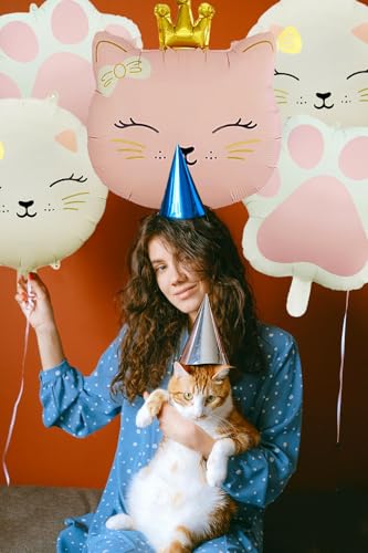 Image of 5Pcs Cat Foil Balloon, Pink & Cream White | Cat Paw, Cute Crown Kitten, Pet Cat Themed Birthday Party, Baby Shower & Wedding Themed Party Decorations