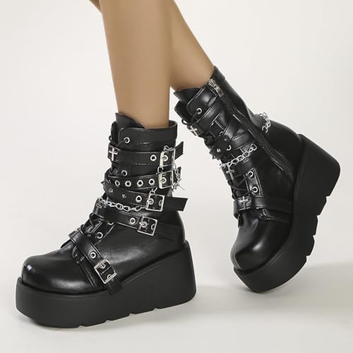 Platform Ankle Boots for Women Chunky High Heel Booties Goth Round Toe Combat Boots Lace Up Punk Motorcycle Wedges Boots3