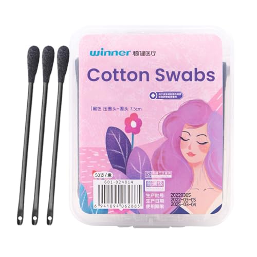 TENETOP Cotton Swabs - 50 Pcs Individually Packaged, Black, 7.5cm for Ear Wax Removal, Blackhead Extractor, and Pimple Extraction