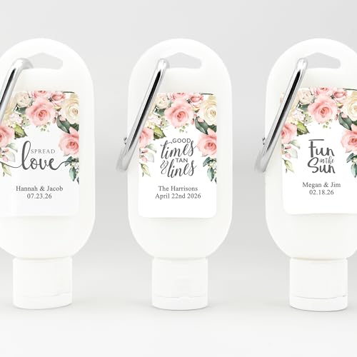 Personalized Sunscreen with Carabiner SPF 30, Custom Sunscreen for Wedding Favors, Party Favors, Garden Wedding, Pink Rose Favor, Bridal Shower Favors, Bachelorette Gift (Set of 12)