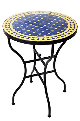 Preisvergleich Produktbild ORIGINAL Marokkanischer Mosaiktisch Bistrotisch ø 60cm Groß rund klappbar / Runder kleiner Mosaik Gartentisch Mediterran / als Klapptisch für Balkon oder Garten / Marrakesch Blau Gelb 60cm