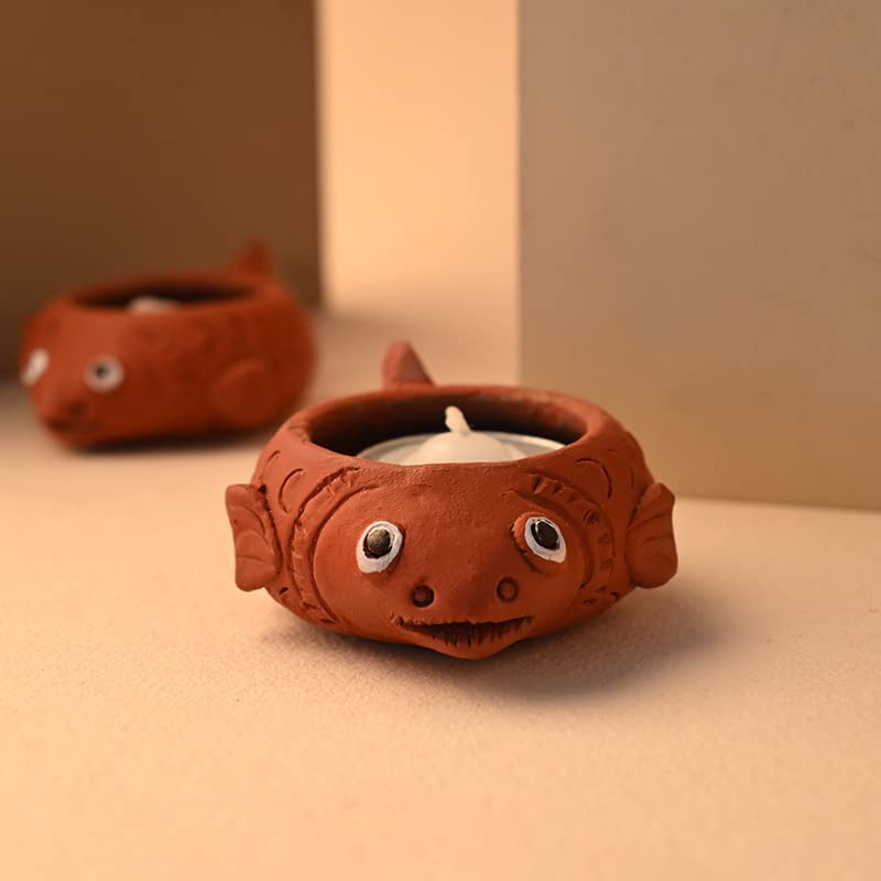 Decorative Set of 2 Fish Shape Terracotta Diwali Diyas with Wax for Temple Room, Office, Home Decoration (3Inch)