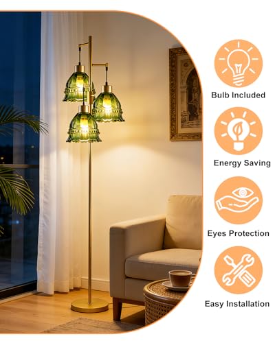 Image of Lightdot 3-Lights Green Glass Floor Lamp Dimmable Gold Floor Lamp with Glass Shade 3000K Bulbs Included Unique Modern Standing Tall Lamp with 5Lbs Heavy Base for Living Room /Bedroom /Sofa Beside