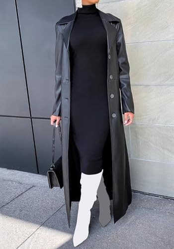 Tcremisa Womens Long Leather Jacket Long Sleeve Single Breasted Faux Leather Trench Coat Mid Length Motorcycle Coats2