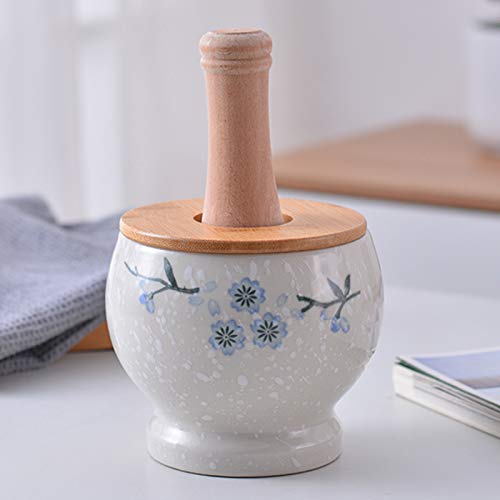 QAX Mortero y mano de porcelana para especias, píldoras, alimentos y ajos, incluye cuchara, copo de nieve con tapa, 650 ml