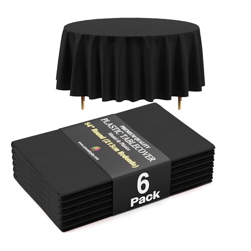 Image of Exquisite 66% Thicker Premium Black Round Tablecloth 0.5 Mil 6 Pack Plastic Table Cloth Disposable 84 Inch Round Plastic Tablecloth Won't Tear Easily Like Cheap Thin Brands