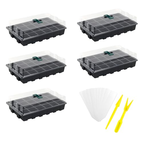 Danolt 5 Pack 120 Cell Seed Trays for Seedlings Propagators Seed Trays with Lids Includes 10 Pcs Plant Labels and 2 Pcs Tools