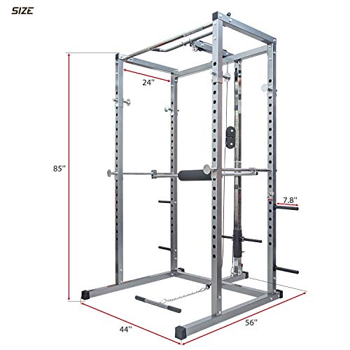 Merax Athletics Fitness Power Rack Olympic Squat Cage Home Gym with LAT Pull Attachment (Silver Power Rack)