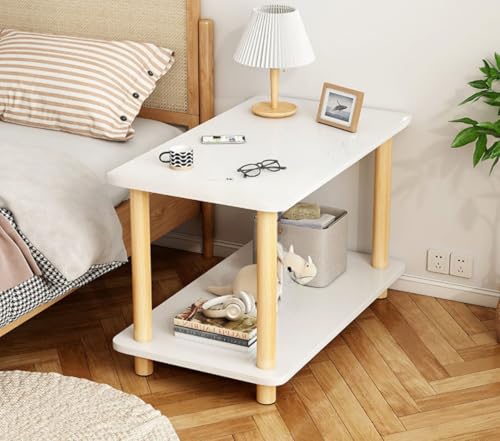 ローテーブル センターテーブル 天然木 おしゃれ 収納棚付き 角が丸 2段式 サイドテーブル ナイトテーブル ベッド横 机 リビング ソファサイド 多機能 木目調 一人暮らし 簡易テーブル ビンテージ ブラウン (60*40*53,暖白色)