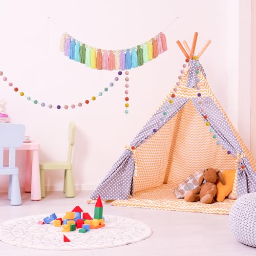 image for Taimimy 2pcs Boho Tassel Garland,Pom Pom Garland,6.5 Feet Long 20 Ball