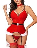 Avidlove Christmas Lingerie for Women Sexy Xmas Lingerie Santa Babydoll Bodysuit with Garter Belts(Red,M)