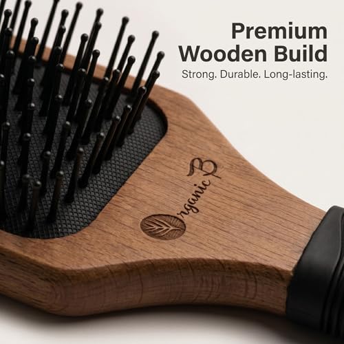 Image of Premium Wooden Paddle Hair Brush for Men & Women | Wide Detangling Hair Brush for Wet, Thick, Curly & Long Hair | Anti-Static Smooth Finish | Rubber Grip Handle