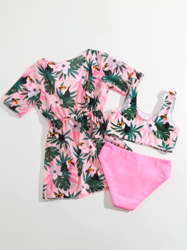 WDIRARA Toddler Girl's Tropical Print Scoop Neck Cute Bikini 3 Piece Swimsuit with Kimono2