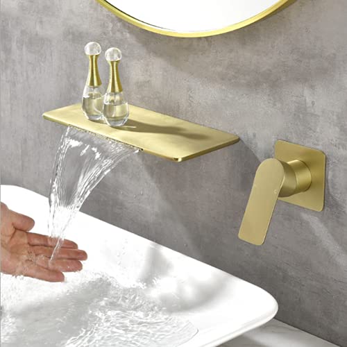 Gebürstetes Gold Wandmontage Wasserfall Bad Wasserhahn 2-Loch-Unterputz...
