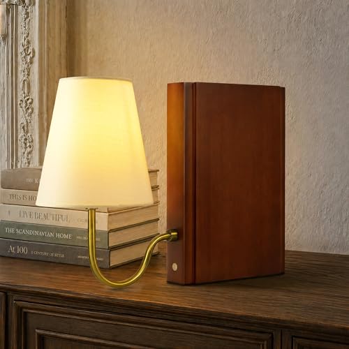 AELS Wooden Bookshelf Lamp with Bulb, 3-Color Touch Control Dimmable Table Lamp with Linen Shade...