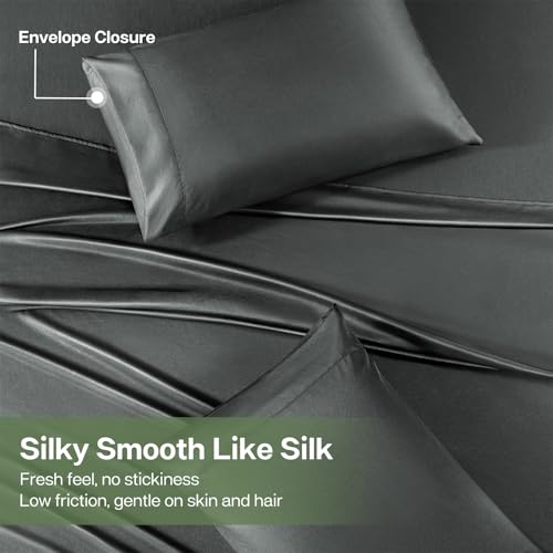 MR&HM Twin XL Sheets Set, 3-Piece Cooling Sheets, Rayon Derived from Bamboo & Polyester Blend, Soft & Silky, 15" Deep Pockets with Elastic Straps, Hotel Luxury for Hot Sleepers, Dark Grey