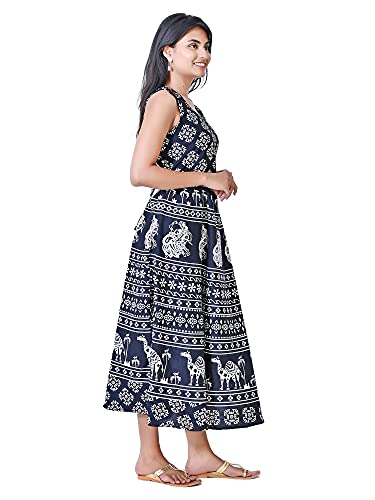 Image of Women's Cotton Printed Traditional Long Midi Maxi Kurti /One Piece Dress (Black Camel, Free Size)