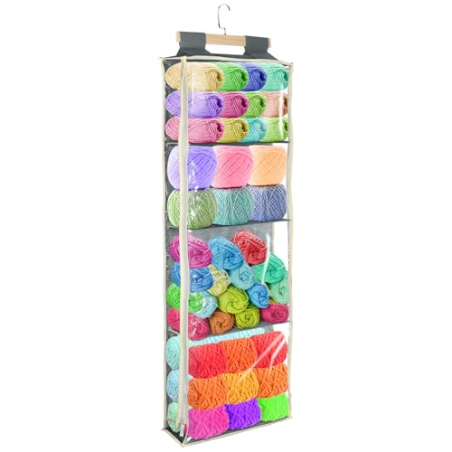 Hlimior Clear Hanging Yarn Storage with 4 Large Pockets, Clear Knitting Organizer Storage with Zippers for Crochet Lovers, Hanging Yarn Holder with Over-Door Hooks for Knitting Needles Crochet Hooks