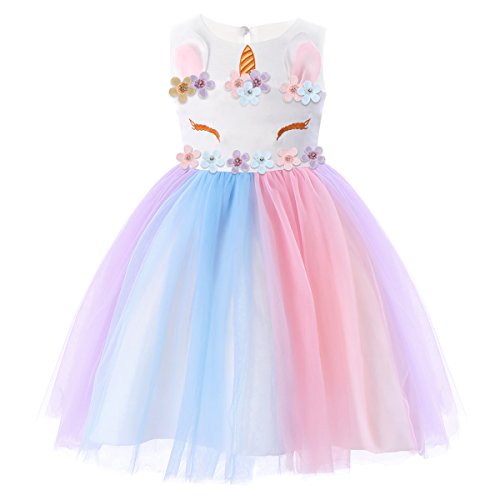 Flower Girl Rainbow Unicorn Tulle Dress with 3D Embroidery Beading Birthday Party Ball Gowns 18 Months
