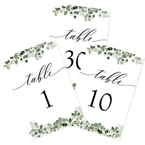 Numéros de table de mariage romantiques et feuillage d'eucalyptus double face