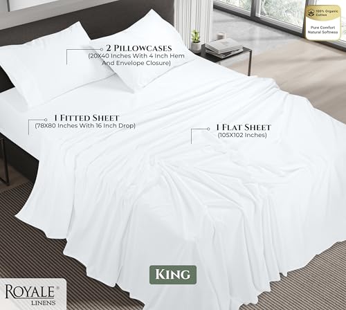 Image of ROYALE LINENS 100% Organic Cotton King Sheet Set - 16 inch Deep Pocket Bed Sheets - Eco Friendly White Bed Sheets - Sabanas King - 1 Flat, 1 Fitted & 2 Pillowcases - White Sheet Set - Cotton Bedding Sets