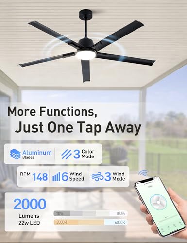 62 Inch Smart Outdoor Ceiling Fan with Light,5 Black Aluminum Blades - image 5