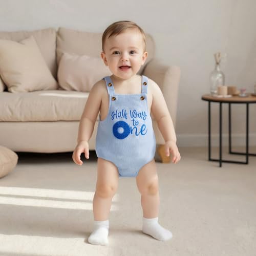 KMBANGI Baby Boy Girl Half Way to One Outfit Sleeveless Embroidered Birthday Overalls Romper Corduroy Onesie Cake Smash Gift3