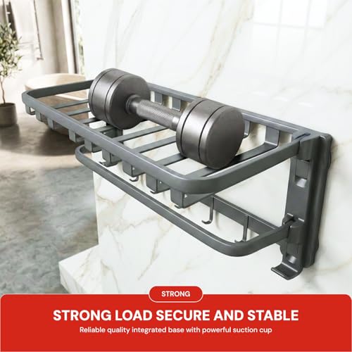 Image of Amazon Basics Suction Towel Rack for Bathroom | Rustproof Wall - Mounted Towel Holder with Hooks | Strong Vacuum Grip, No Drilling Required Grey