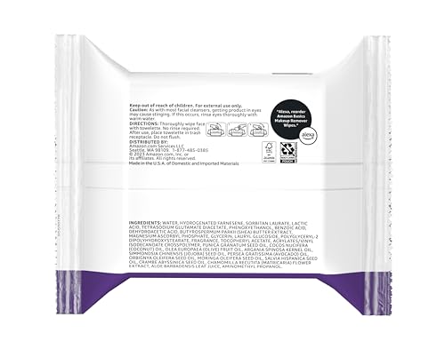 Amazon Basics Makeup Remover Wipes, Night Calming, Gentle Cleansing, Plant Based, Alcohol-Free, Removes Waterproof Mascara, Dermatologist Tested, 25