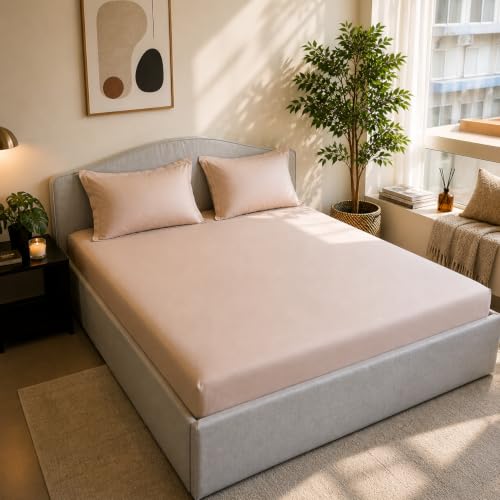 Image of Linen Home Cotton Percale Fitted Bedsheet Set Double Size Light Taupe
