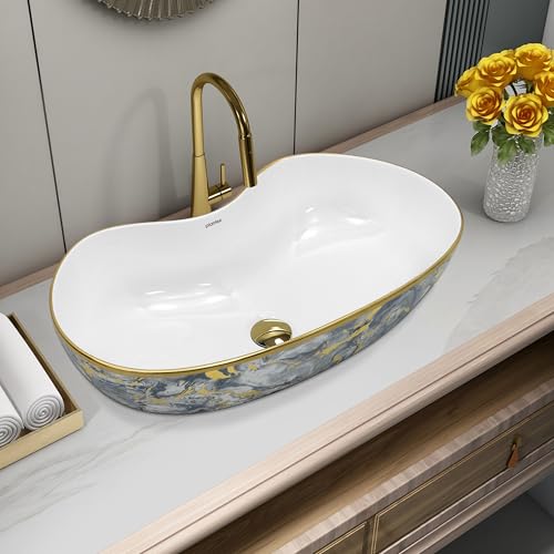 Image of Plantex Ceramic Wash Basin /Table Top Hand Washbasin /Designer Countertop Basin for Bathroom /Restaurants /Hotel (24.5x12.5x 5.5 -White & Blue)