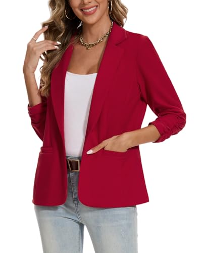 MINTLIMIT Blazer for Women One Button Notched Lapel Suit Jackets Lightweight Pocketed Ruched 3/4 Sleeve Blazer for Bussiness Casual,Red,L2