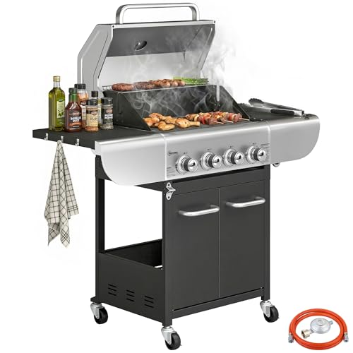 Outsunny Barbacoa de Gas BBQ Gas con 4 Quemadores 12,8 kW Barbacoa Portátil con Termómetro Mesas Laterales Armario Rejilla Calentadora Acero Parrillas de Hierro Fundido Recogedor Grasa 4 Ruedas Negro
