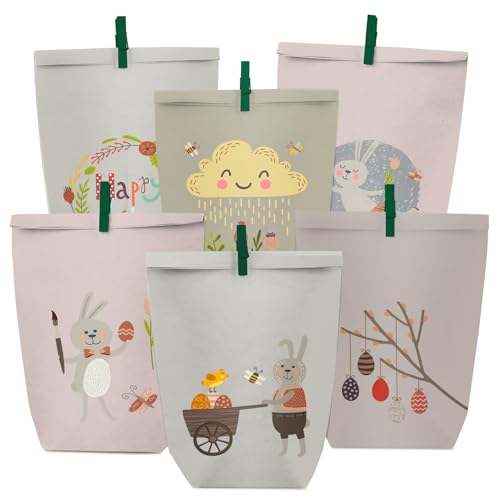 PANSIBY Ostertüten zum Befüllen 12 Geschenktüten Ostern mit Farbigen Osterhasen Motiv Hygge Ostermotive Bedruckte Tüten mit Grün Klammern