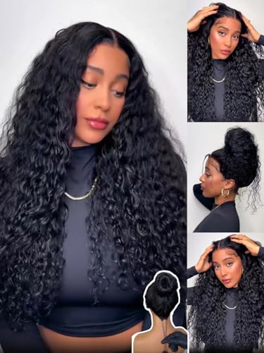 Image of Sunber Water Wave Human Hair Glueless Wigs with 4C Kinky Edge Drawstring Bye Bye Knots Human Hair Wig Pre Cut 7x5 HD Lace Put On Go Pre Plucked Pre Bleached Invisible Knots 24Inch