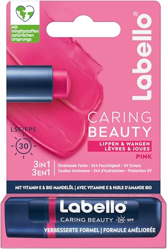 Labello Caring Beauty Pink - Matita per la cura delle labbra con colore e protezione solare, con SPF 30, vitamina E e olio di mandorle biologico, balsamo per labbra e guance (4,8 g)