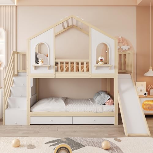 NNJN Litera infantil de 90 x 200 cm, forma de casa con ventanas curvas, con escalera de almacenamiento y tobogán, cajones, cama doble (color madera)