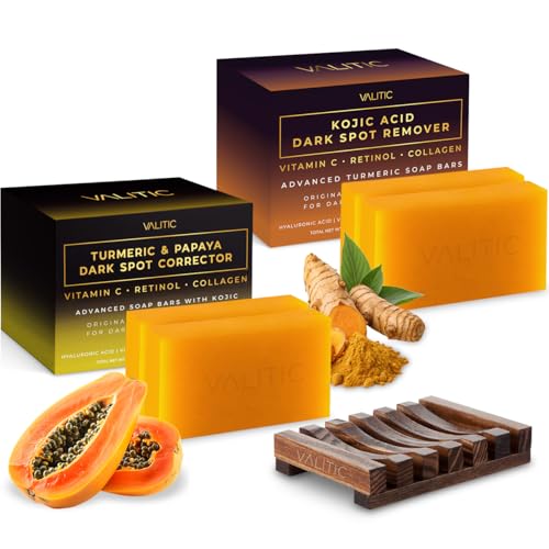 VALITIC Papaya and Turmeric Kojic Acid Soap Bar - Dark Spot Corrector Skin Care Cleansing Bar - Infused with Vitamin C, Hyaluronic Acid, Collagen - Papaya 2 Pack, Kojic 2 Pack