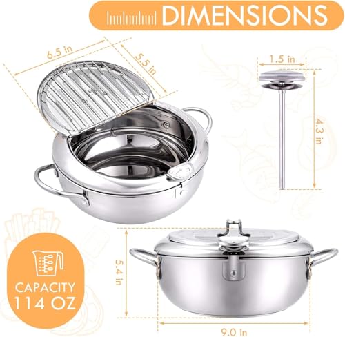 Deep Fryer Pot, 304 Stainless Steel Japanese Frying Pot with Oil Drain, Temperature Control and Lid, Tempura Deep Fryer Pot for Kitchen Stove/Induction Cooker French Fries Fryer Chicken 9.4" - Image 4
