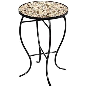 Mother of pearl modern black metal round outdoor accent side table 14 wide natural mosaic tile tabletop gracefully curved legs for spaces porch patio home house balcony deck  urban country home decor