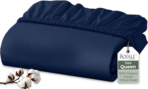 Image of Royale Linens 100% Organic Cotton Fitted Sheet - Percale Weave - Super Soft Deep Pocket Bottom Sheets - Navy Elastic Sheet Queen Size - Queen Fitted Sheets Only - (60 inchx80 inch+15 inch, Navy)