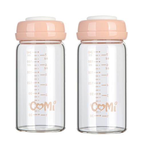 Image of COMI Wide Neck Glass Breastmilk Collection n Storage Bottle, 8oz with Screw Ring Sealing Disk; Re-markable Sealing Disc. BPA Free, Fits Breast Pumps & Nipples (2 Pink Lids)